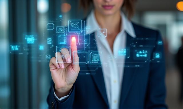 Professional selecting software tools on a glowing interface