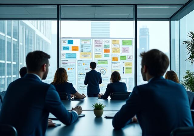 Team analyzing data metrics on a glass wall