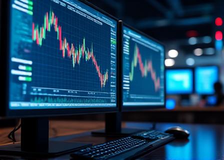 Financial trading floor with data dashboards