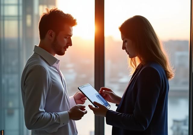 Professional meeting in a bright London office overlooking the city skyline