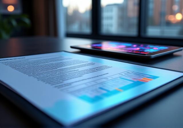 Professional legal document on a modern desk with a tablet displaying data
